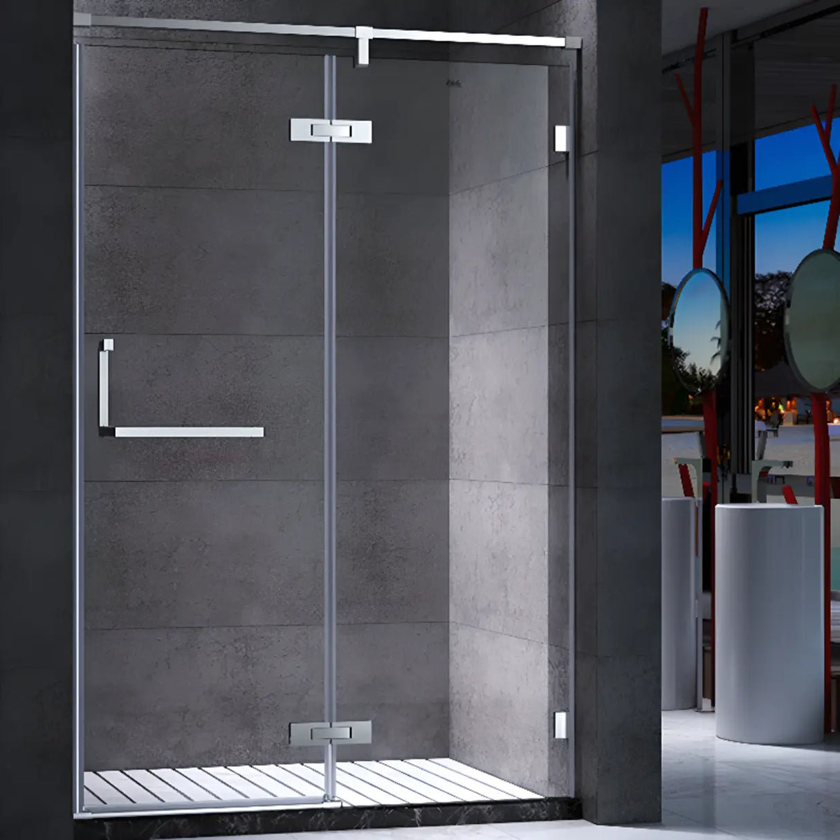 Hinged Clear Glass Frameless Shower Door with Towel Bar Image - 1