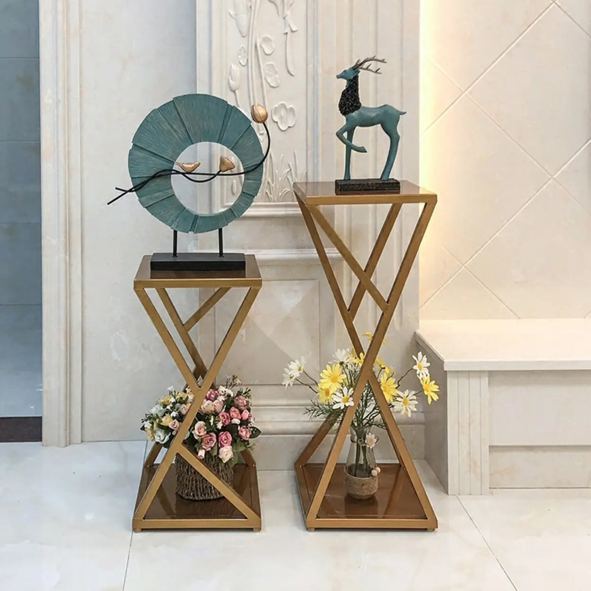 Hollow 2 Tiers Gold Square Metal Decorative Plant Stand Image - 1