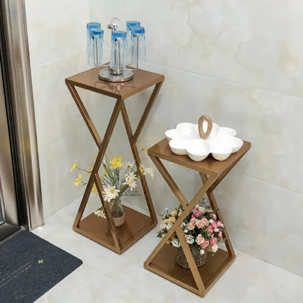 Hollow 2 Tiers Gold Square Metal Decorative Plant Stand Image - 5