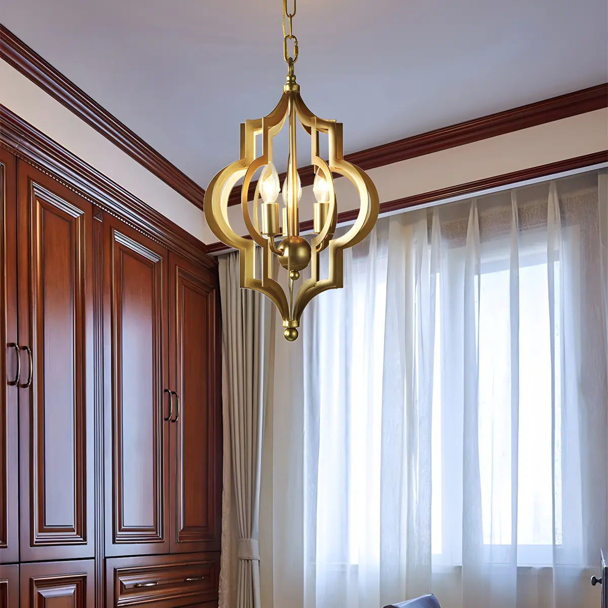 Hollowed Lantern Gold Metal 3-Light Foyer Chandelier Image - 2