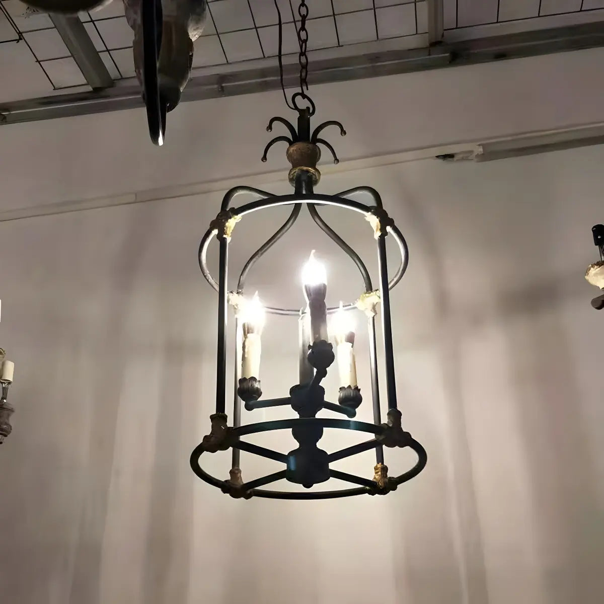 Hollowed Lantern Iron Candle Black Foyer Chandelier Image - 5