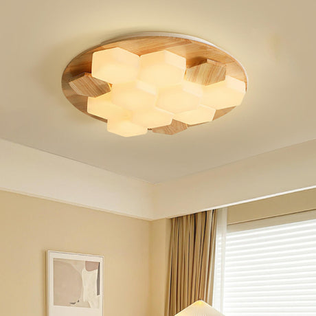 Honeycomb Cube Wood Circle Flush Mount Ceiling Light Image - 1