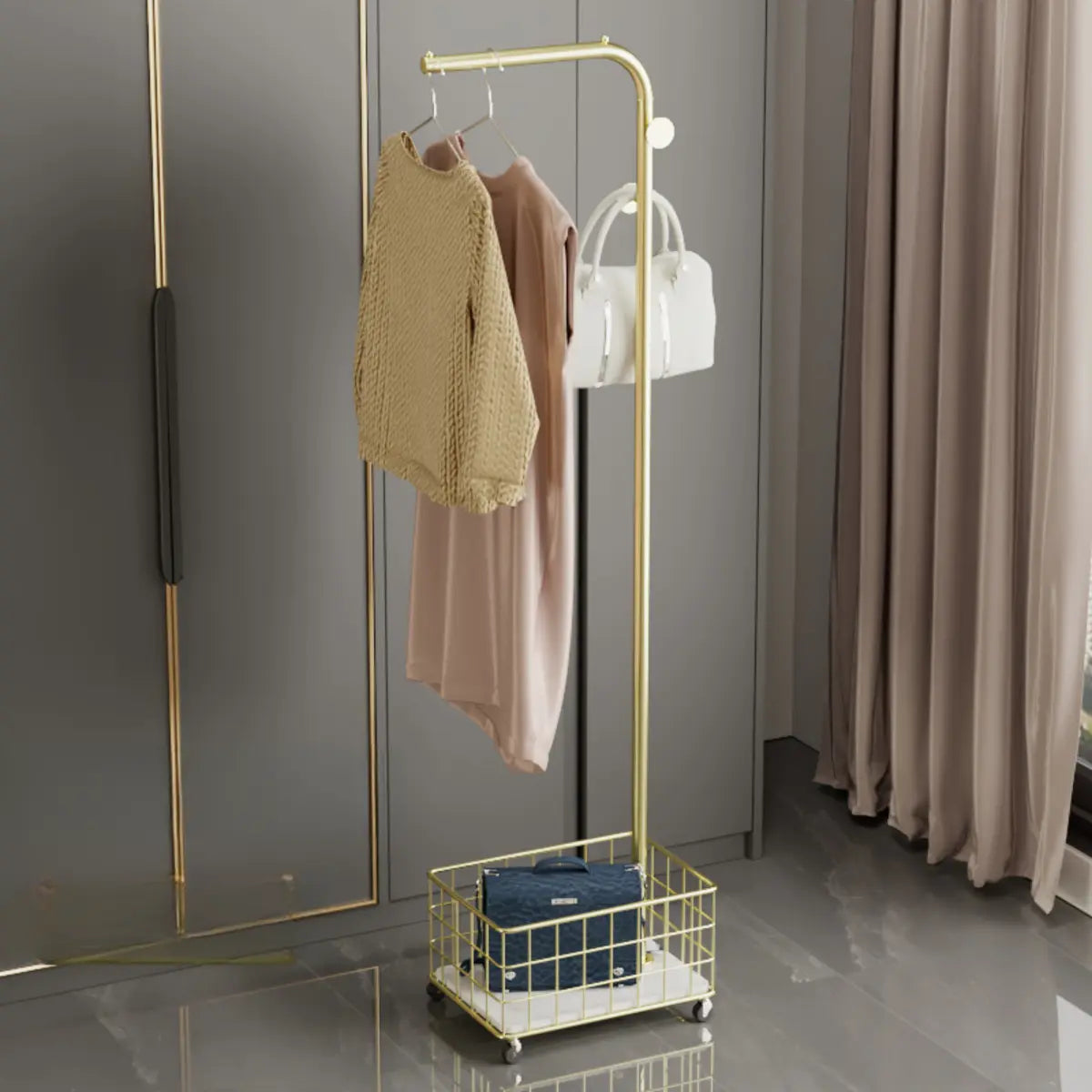 Hooks Metal Gold Shelves Coat Rack with Basket Storage Image - 2