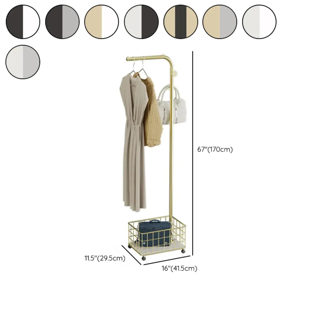 Hooks Metal Gold Shelves Coat Rack with Basket Storage 