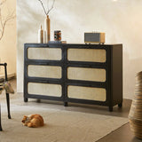 Horizontal Woven Black Wood Double Dresser with Drawers Image - 1