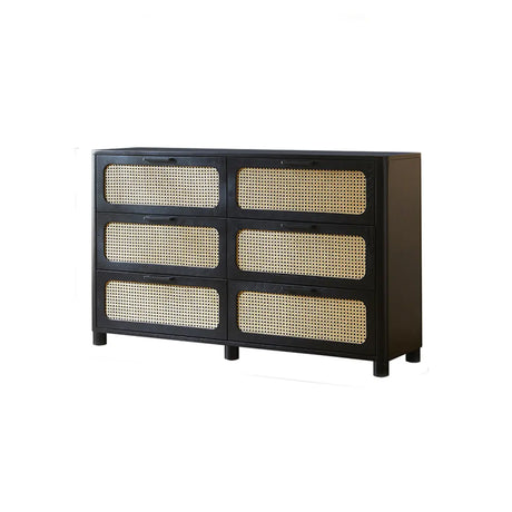 Horizontal Woven Black Wood Double Dresser with Drawers Image - 2