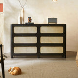 Horizontal Woven Black Wood Double Dresser with Drawers Image - 4