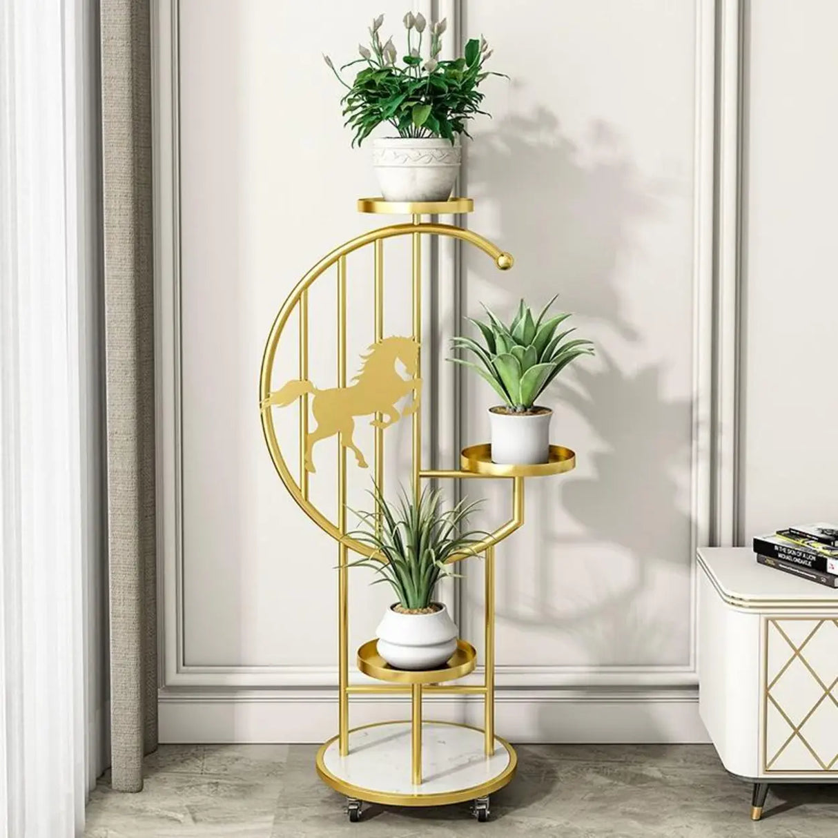 Horse Pattern Round Gold Metal Plant Stand with Shelves Image - 1