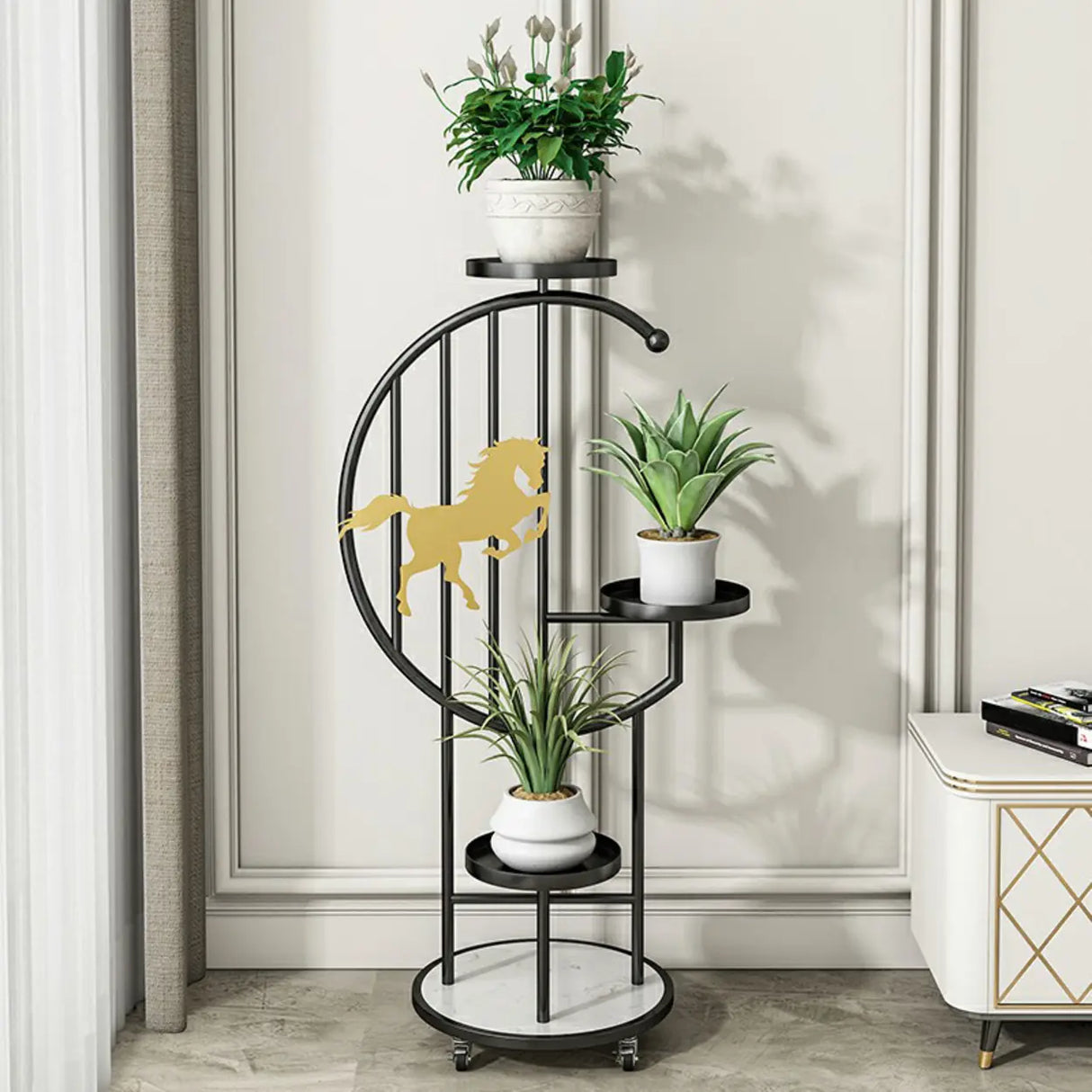 Horse Pattern Round Gold Metal Plant Stand with Shelves Image - 11