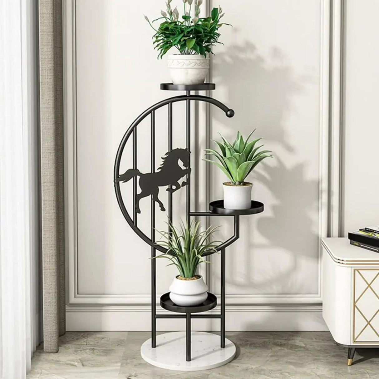 Horse Pattern Round Gold Metal Plant Stand with Shelves Image - 13