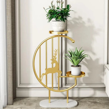 Horse Pattern Round Gold Metal Plant Stand with Shelves Image - 2