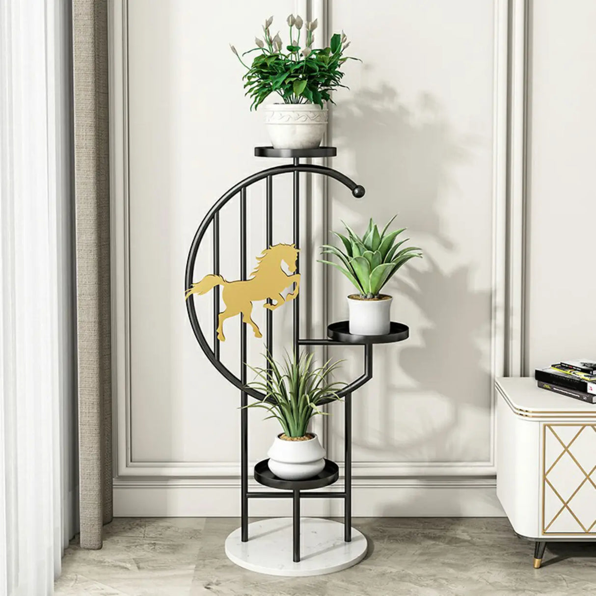 Horse Pattern Round Gold Metal Plant Stand with Shelves Image - 3