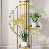 Horse Pattern Round Gold Metal Plant Stand with Shelves Image - 4