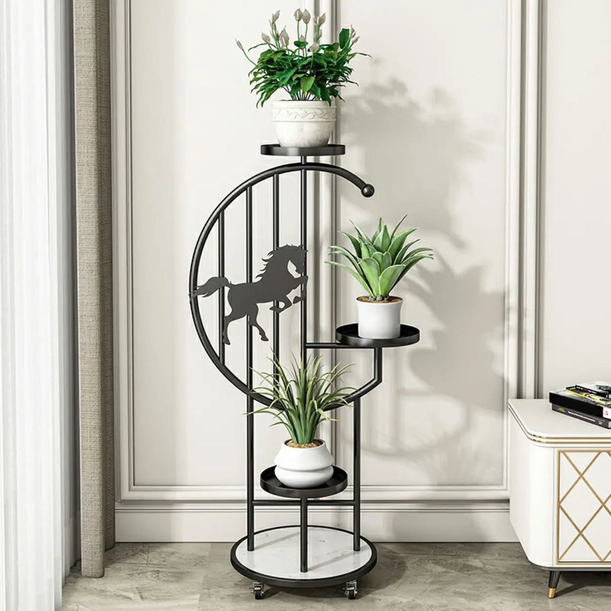 Horse Pattern Round Gold Metal Plant Stand with Shelves Image - 7