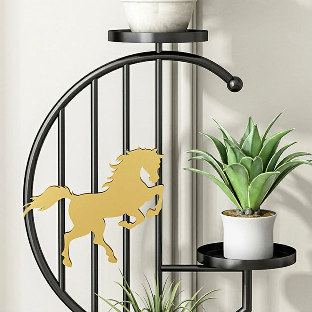 Horse Pattern Round Gold Metal Plant Stand with Shelves Image - 8