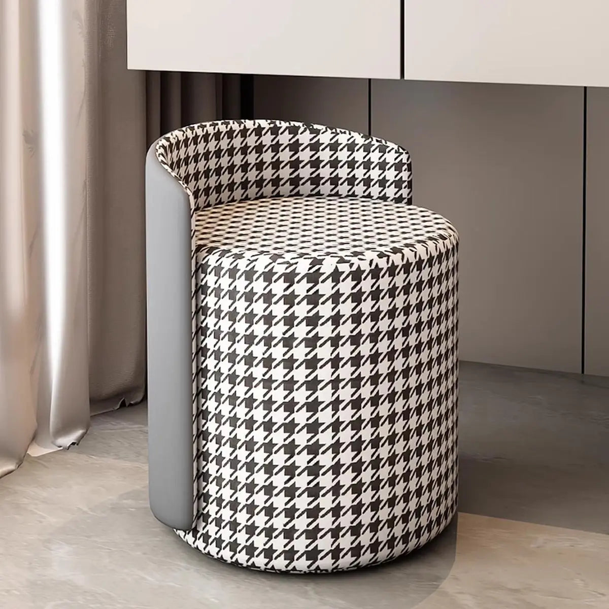 Houndstooth Cylinder Upholstered Accent Vanity Stool Image - 5