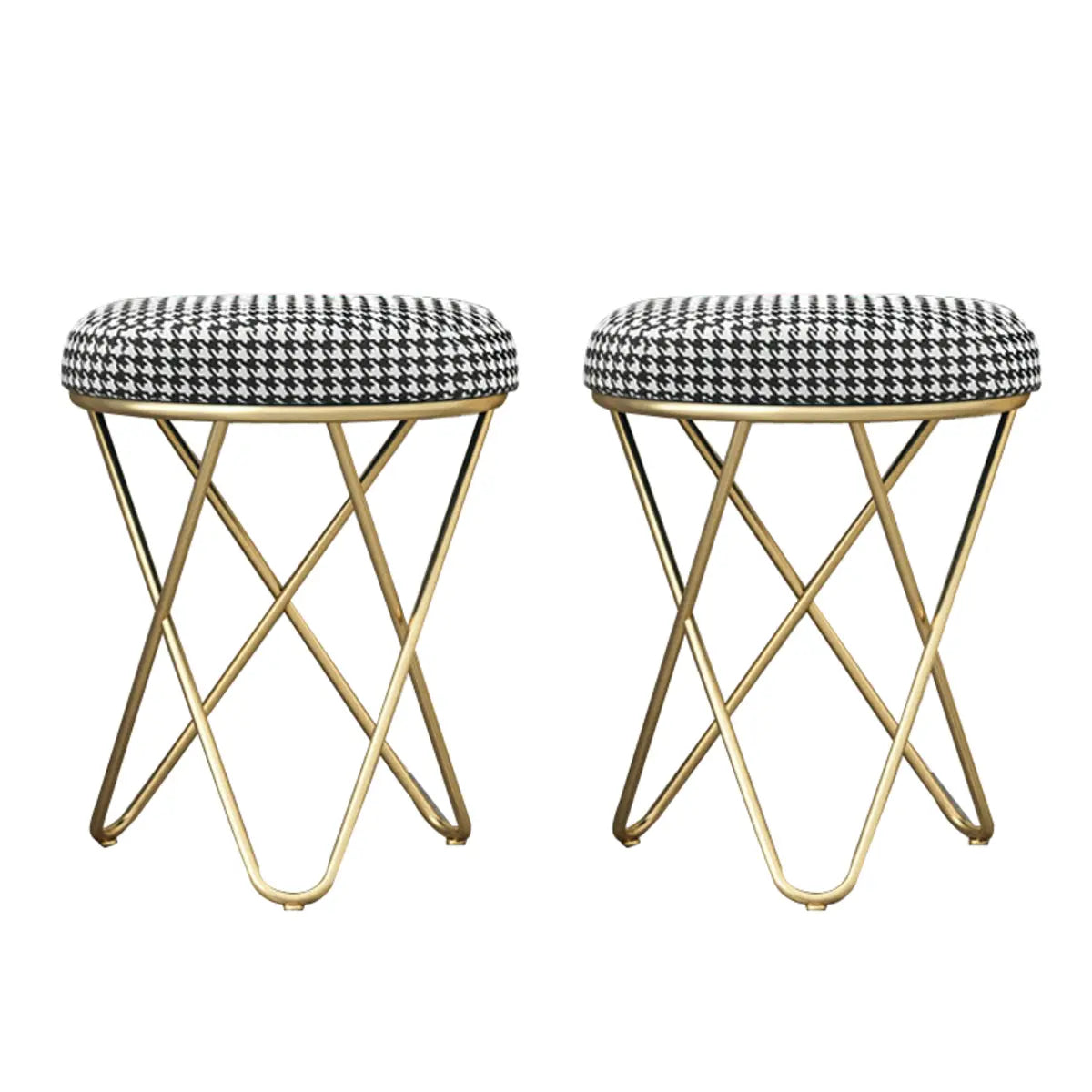 Houndstooth Round Metal Pedestal Upholstered Vanity Stool Image - 22