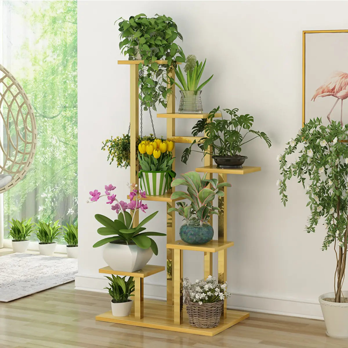 Indoor 5-Tier Rectangle Wood Gold Storage Plant Stand Image - 4