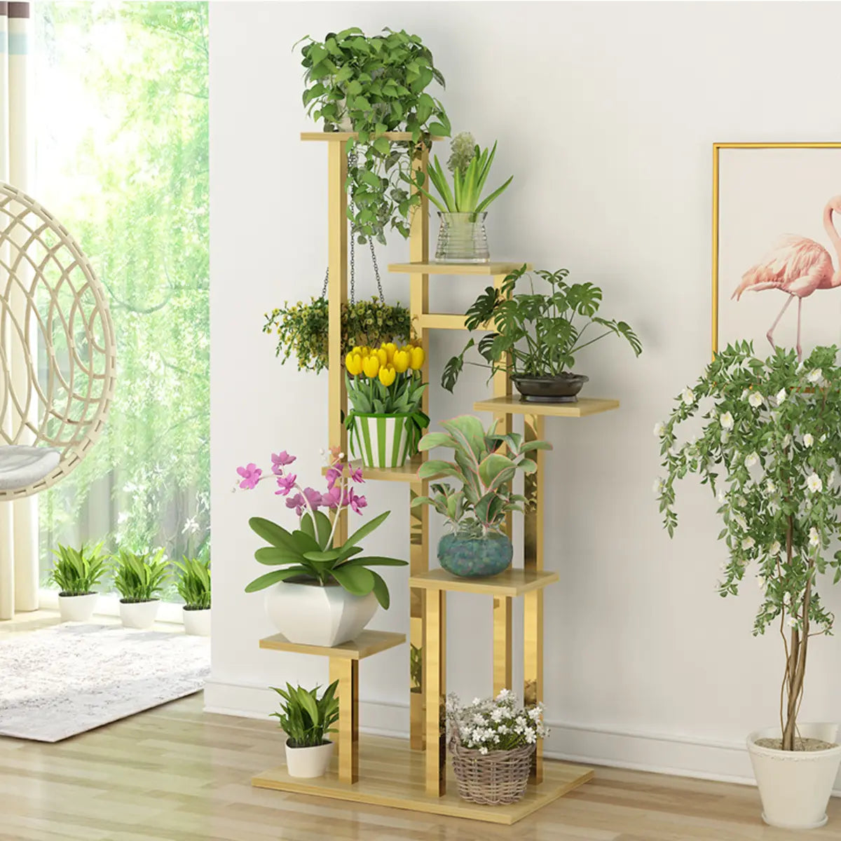 Indoor 5-Tier Rectangle Wood Gold Storage Plant Stand Image - 9