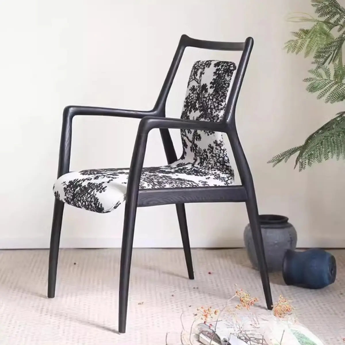 Indoor Black Patterned Leather Arm Wood Dining Chair Image - 1