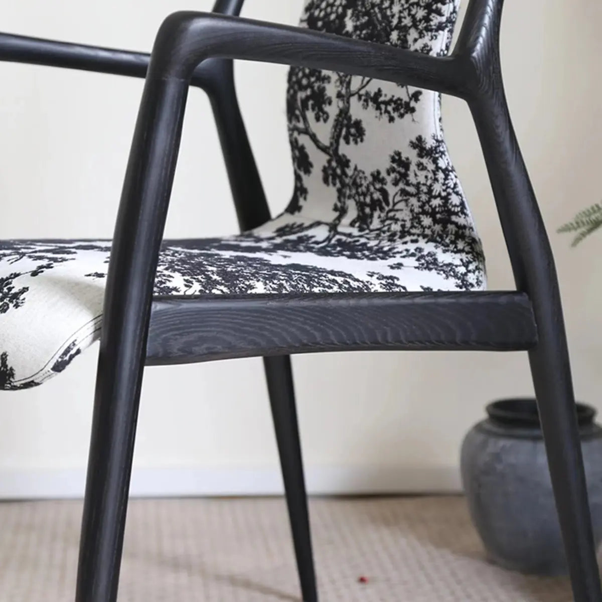 Indoor Black Patterned Leather Arm Wood Dining Chair Image - 11