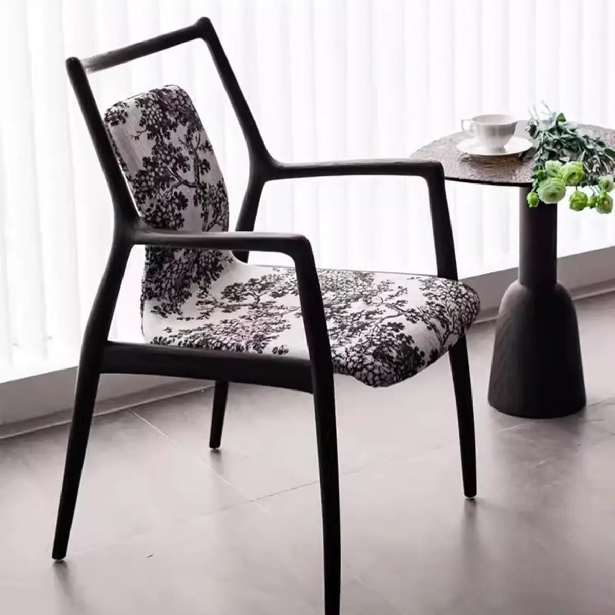 Indoor Black Patterned Leather Arm Wood Dining Chair Image - 2