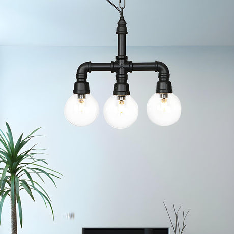 Industrial 3-Light Ball Clear Glass Black Pipe Chandelier Image - 1