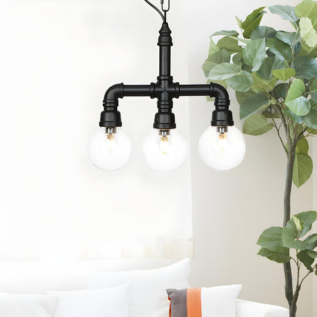 Industrial 3-Light Ball Clear Glass Black Pipe Chandelier Image - 2