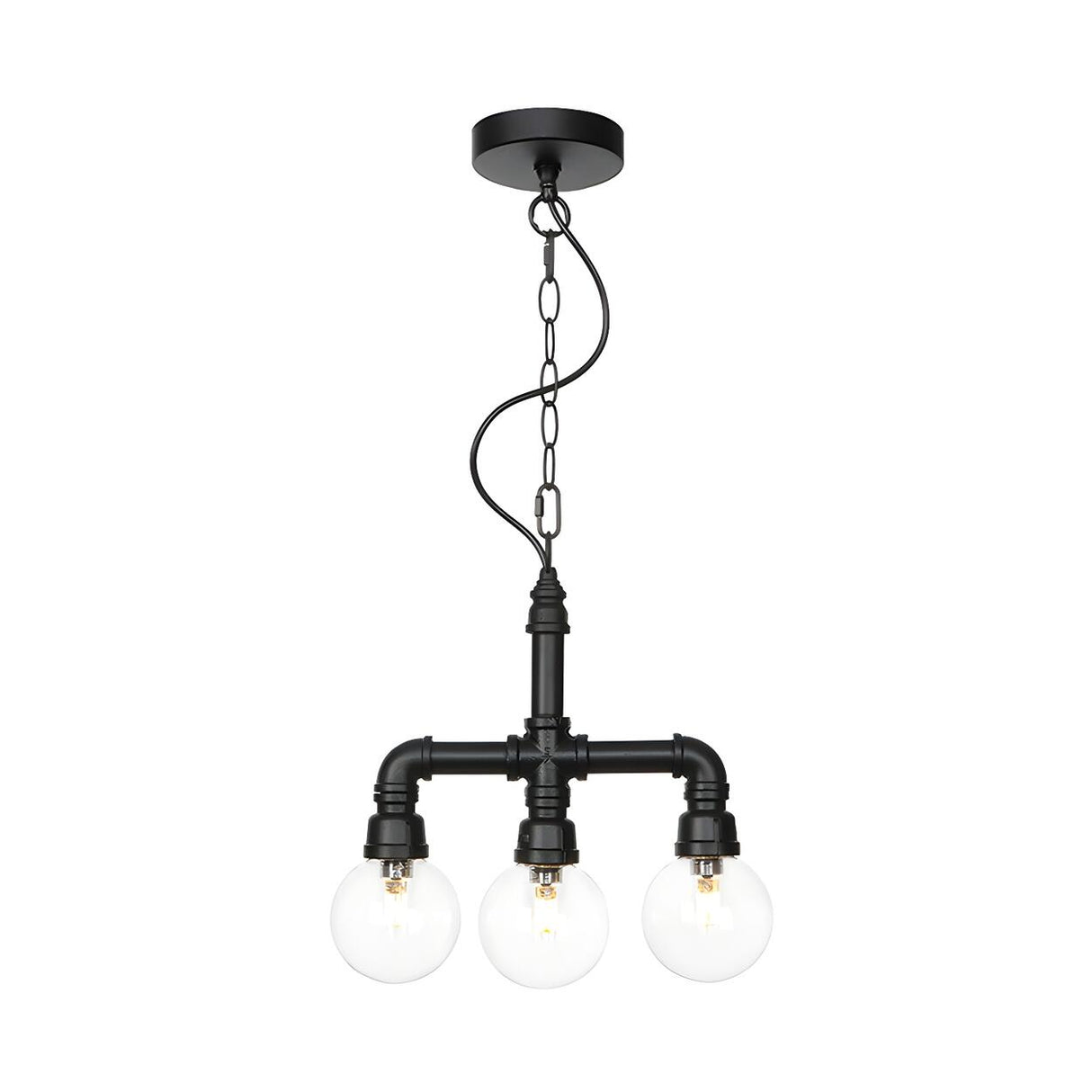 Industrial 3-Light Ball Clear Glass Black Pipe Chandelier Image - 3