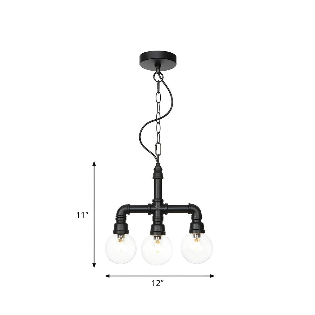 Industrial 3-Light Ball Clear Glass Black Pipe Chandelier Image - 8