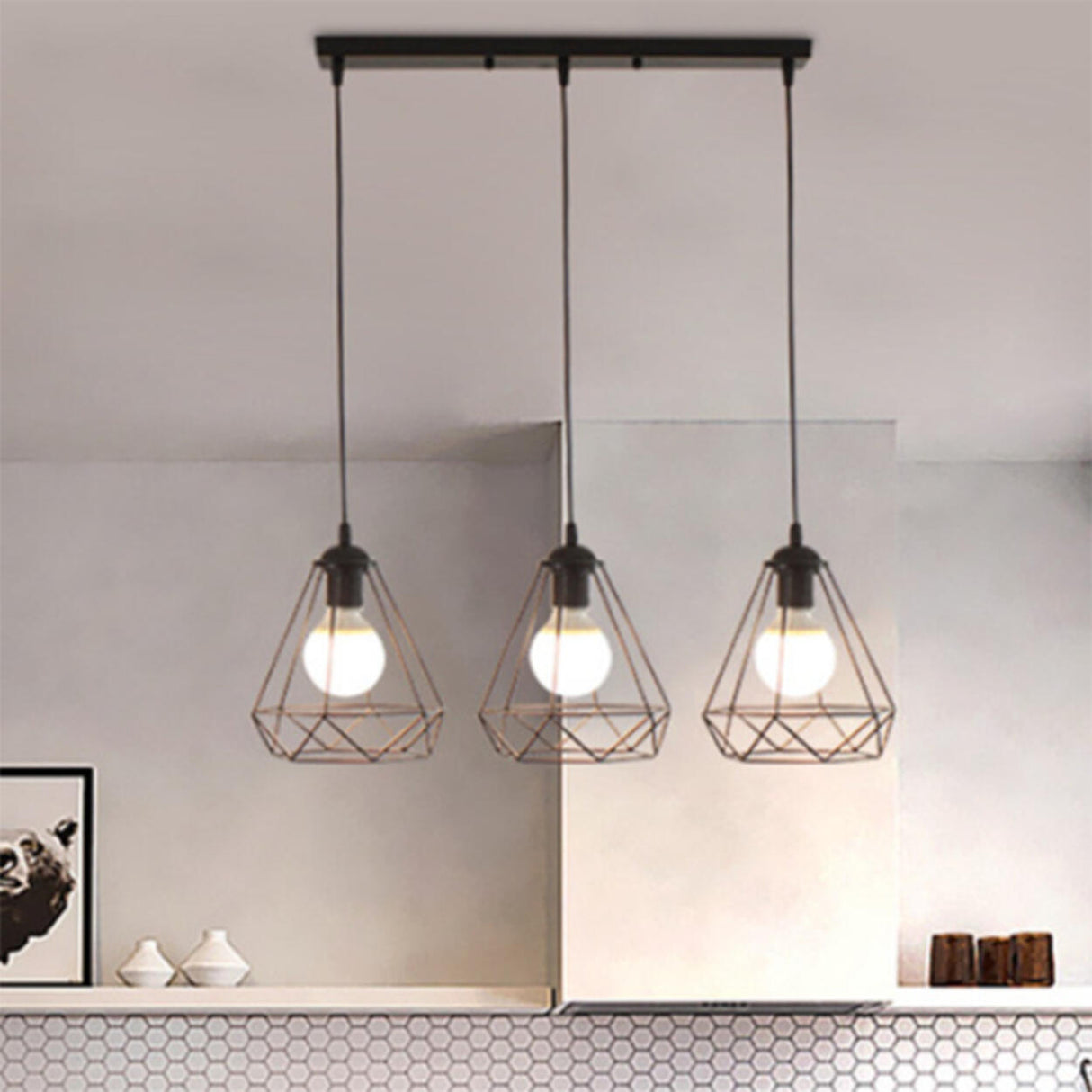 Industrial 3-Light Black Cage Island Ceiling Light Image - 4