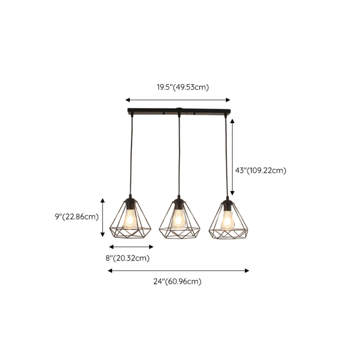 Industrial 3-Light Black Cage Island Ceiling Light 