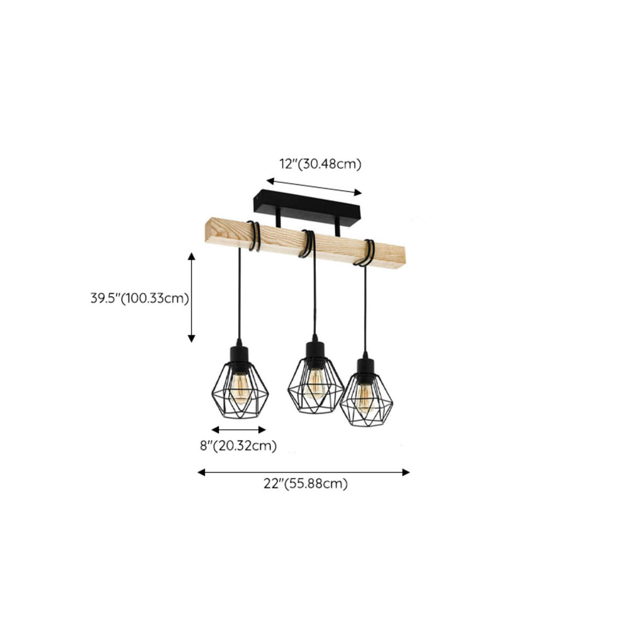 Industrial 3-Light Cage and Wooden Beam Island Light 