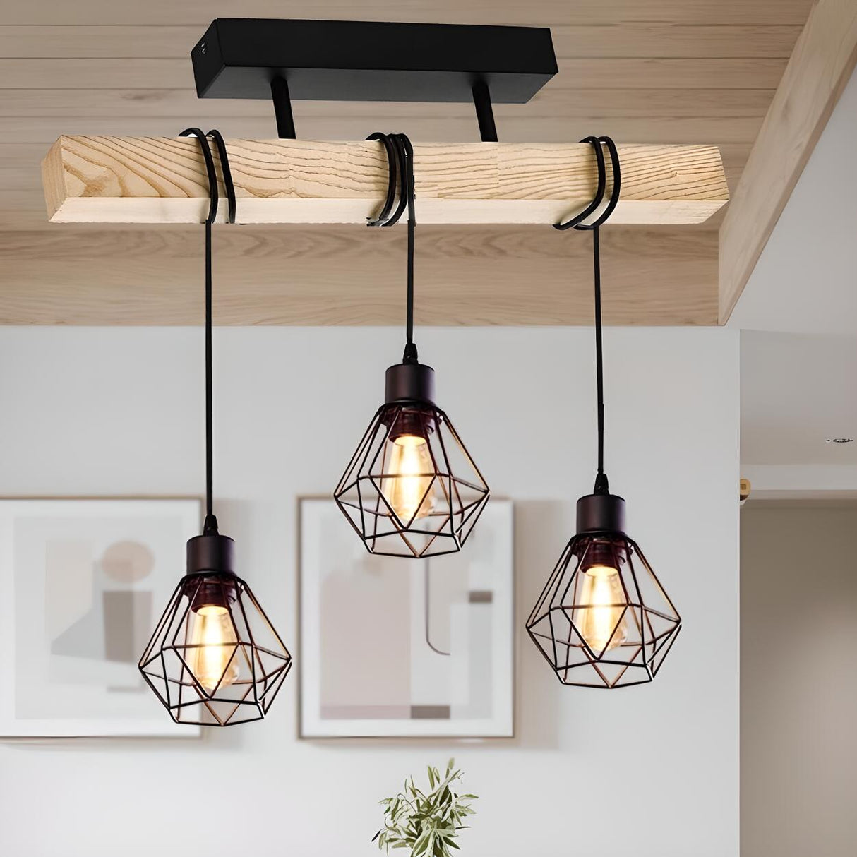 Industrial 3-Light Geometric Cage Island Pendant Light Image - 1