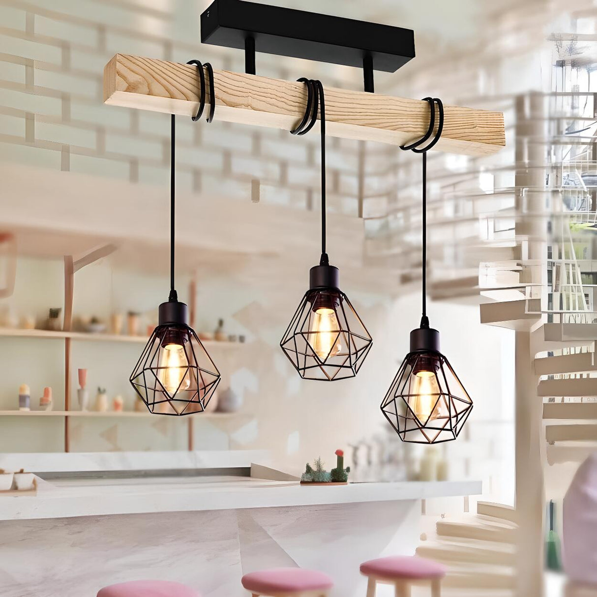 Industrial 3-Light Geometric Cage Island Pendant Light Image - 3