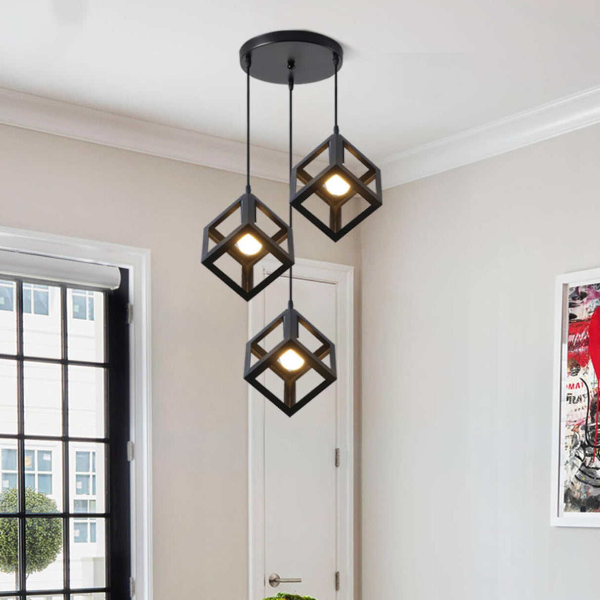 Industrial 3 Light Metal Black Cube Pendant Light Image - 15