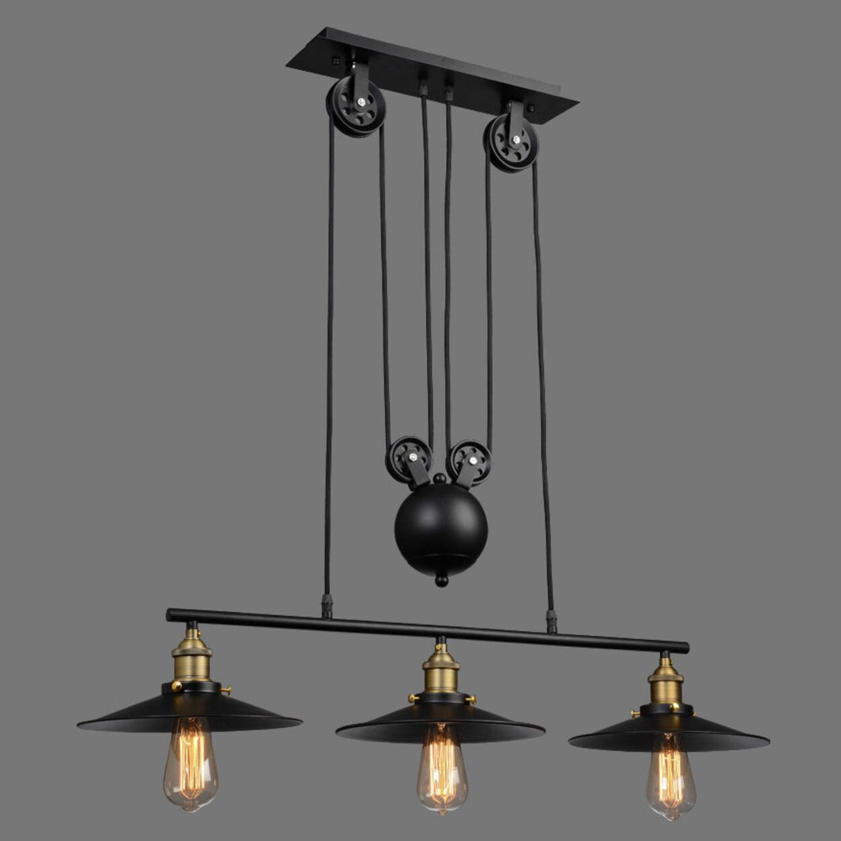 Industrial 3-Light Pulley Cone Island Hanging Light Image - 7