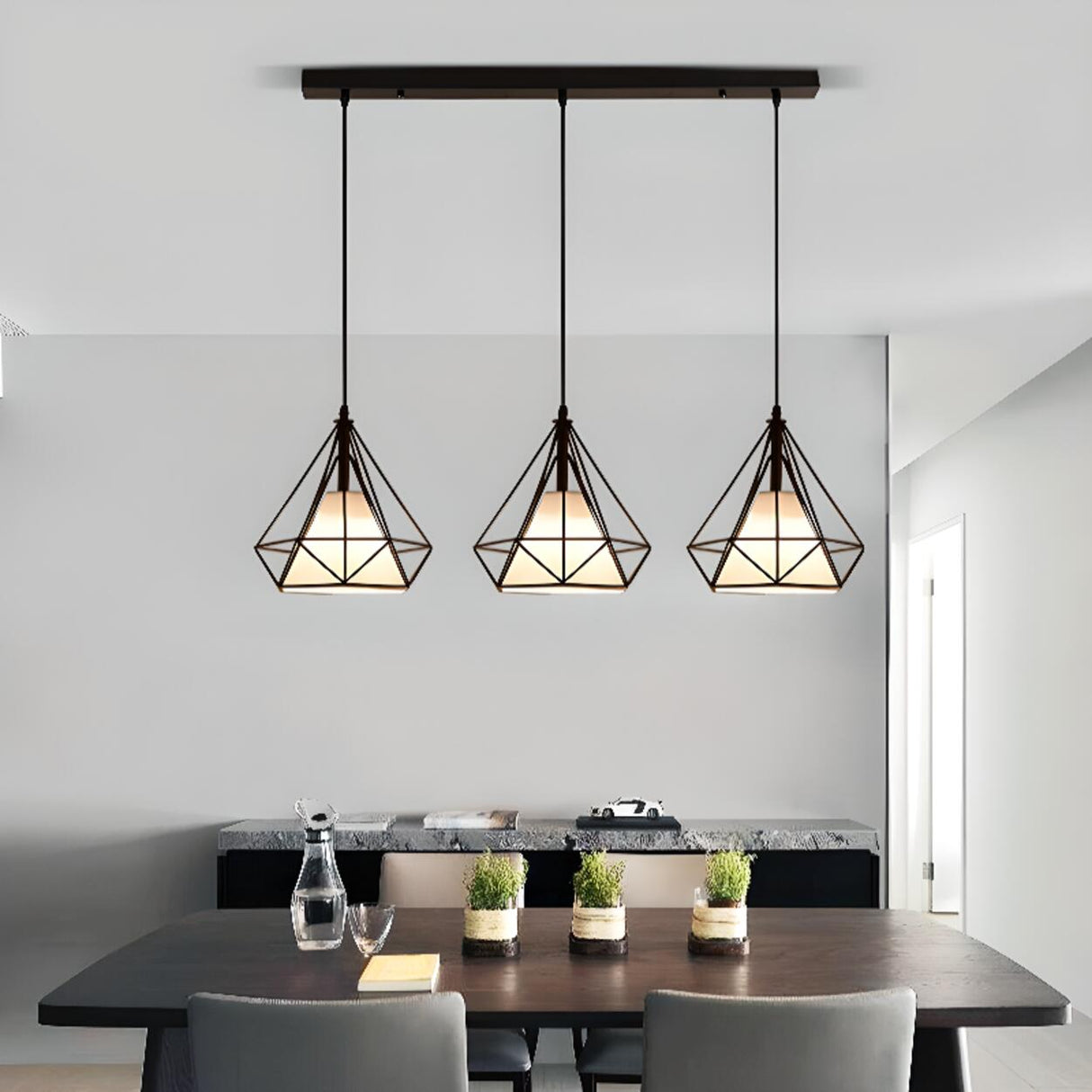 Industrial 3-Light Pyramid Cage Island Pendant Light Image - 1