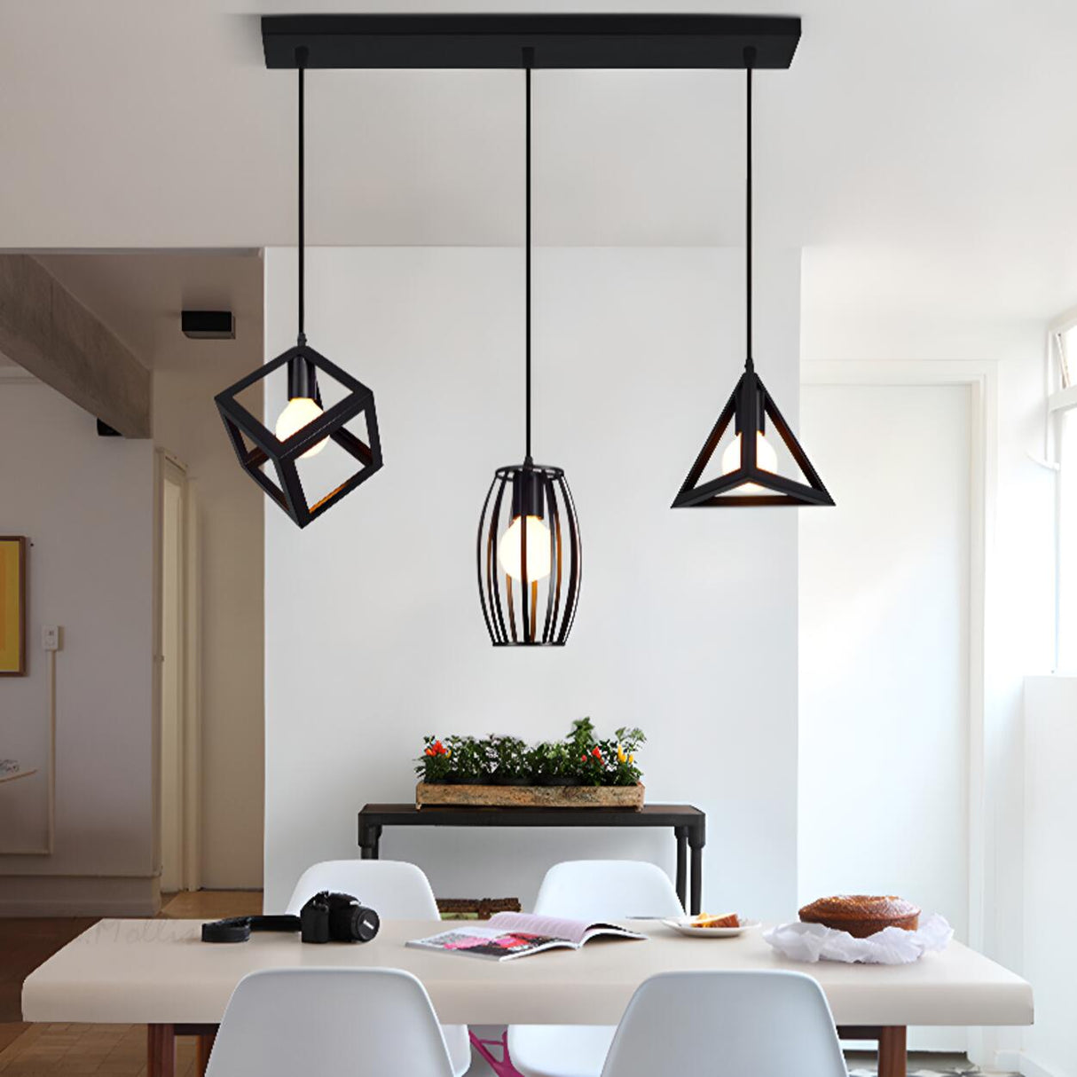 Industrial 3-Light Pyramid Cage Island Pendant Light Image - 3