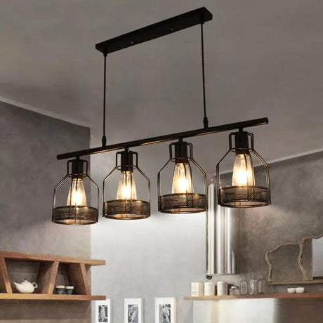 Industrial 4-Light Black Cage Island Pendant Light Image - 1