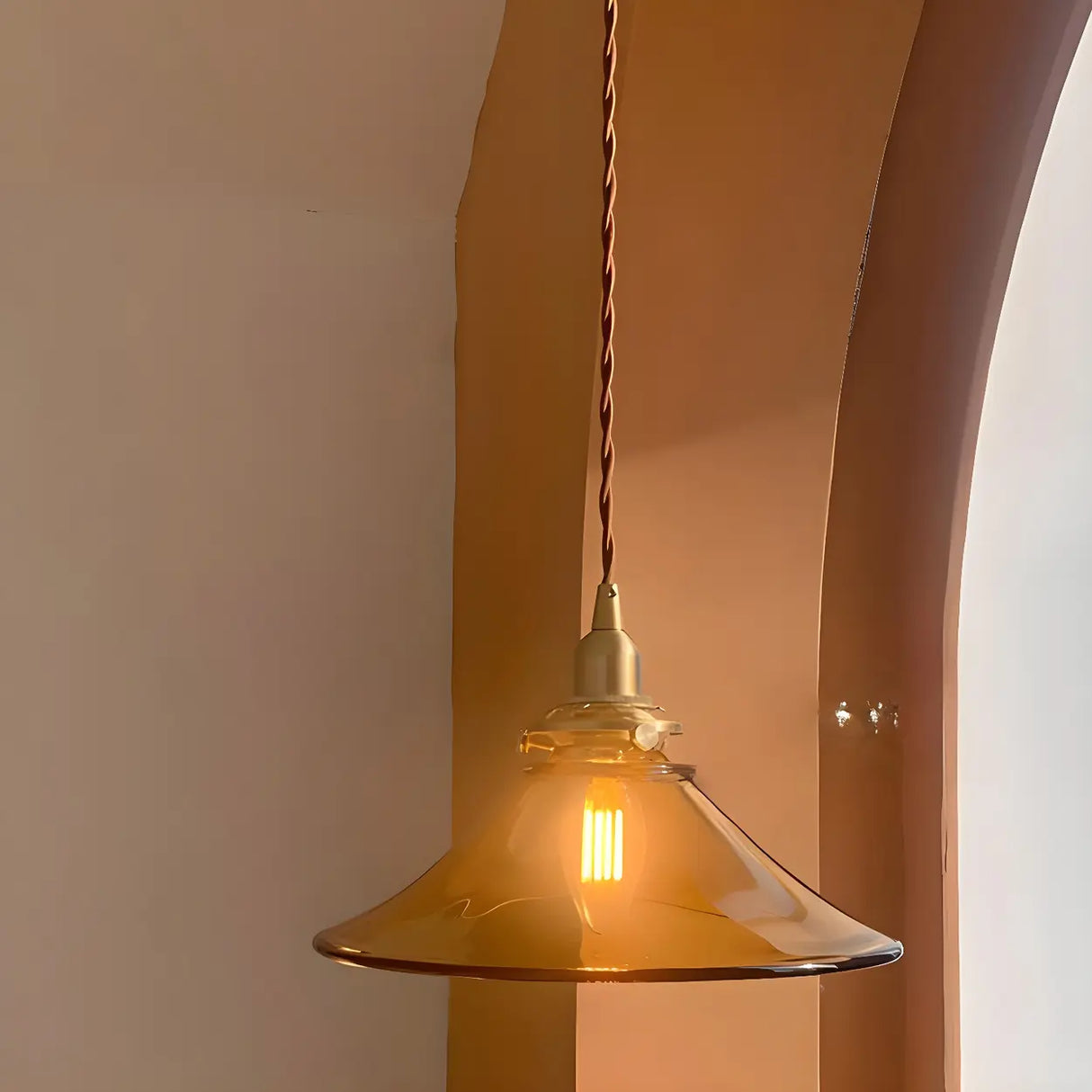 Industrial Adjustable Height Orange Glass Cone Pendant Light Image - 4