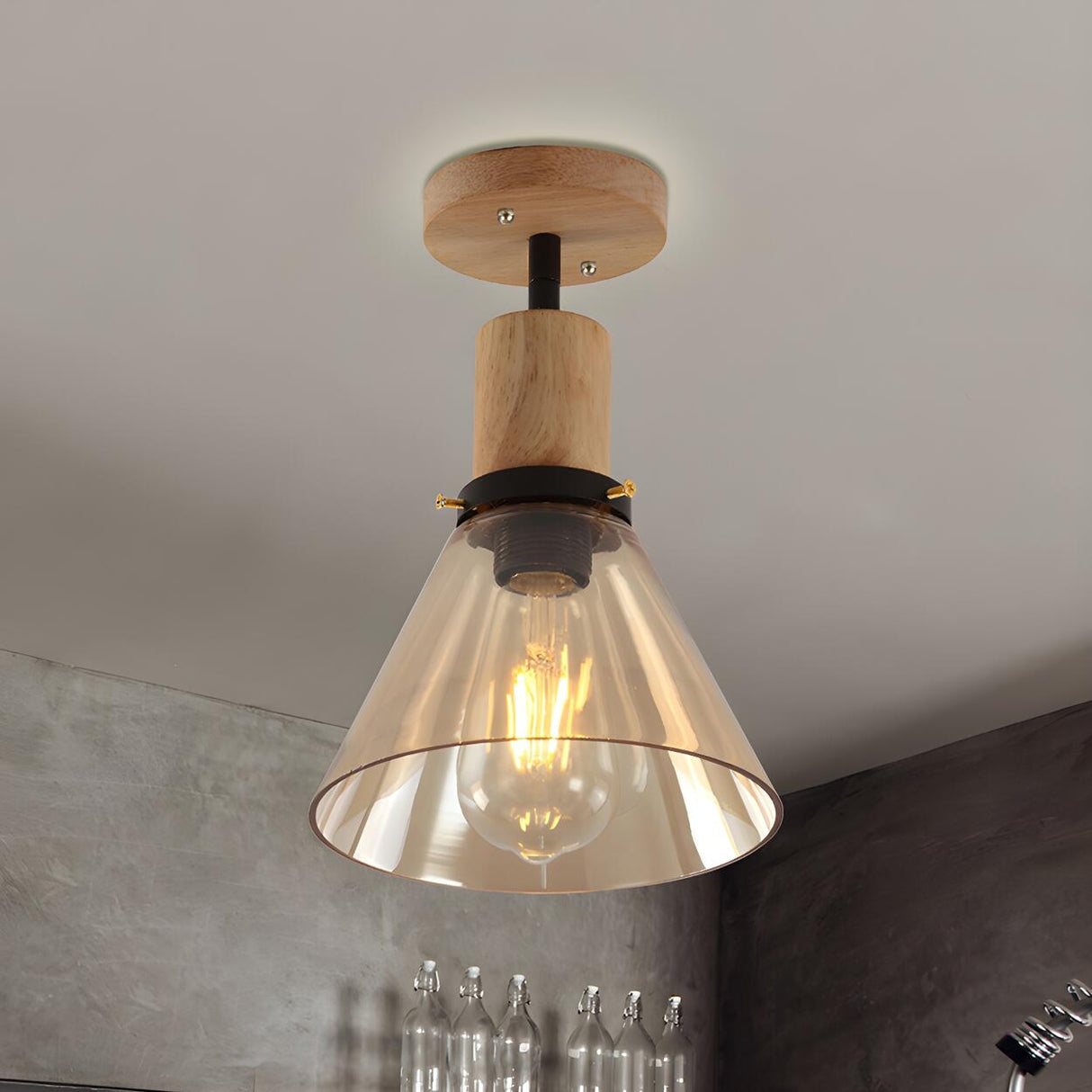 Industrial Amber Glass Cone Semi-Flush Mount Light Image - 3