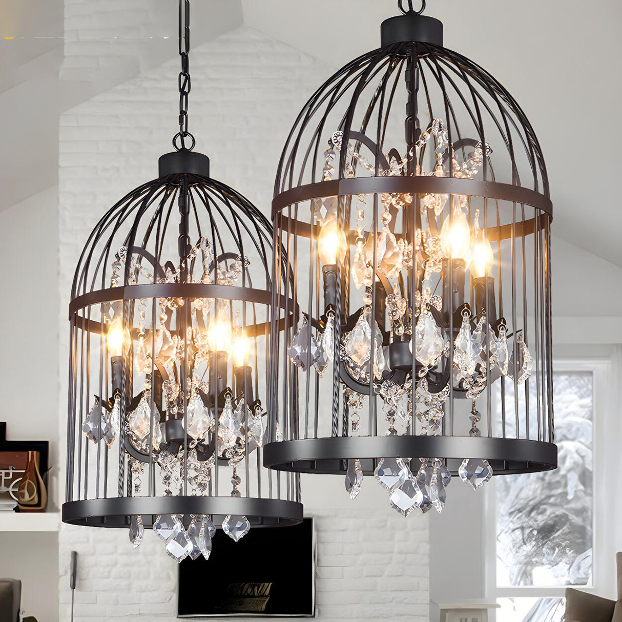 Industrial Birdcage Candle and Crystal Pendant Chandelier Image - 1