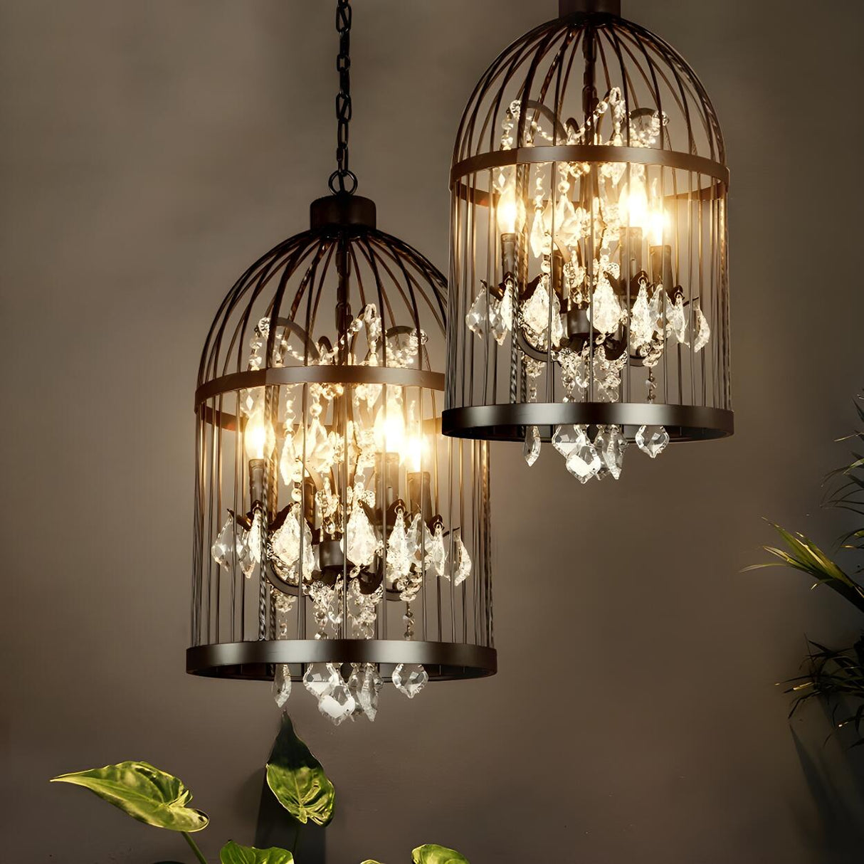 Industrial Birdcage Candle and Crystal Pendant Chandelier Image - 2