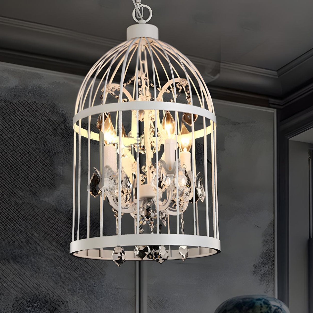 Industrial Birdcage Candle and Crystal Pendant Chandelier Image - 6