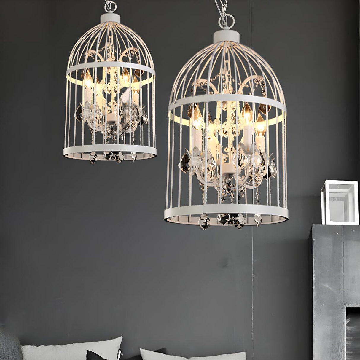 Industrial Birdcage Candle and Crystal Pendant Chandelier Image - 7