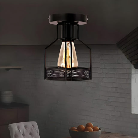 Industrial Bistro Black Iron Cage Semi-Flush Mount Lamp Image - 1