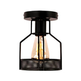 Industrial Bistro Black Iron Cage Semi-Flush Mount Lamp Image - 2