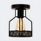 Industrial Bistro Black Iron Cage Semi-Flush Mount Lamp Image - 3