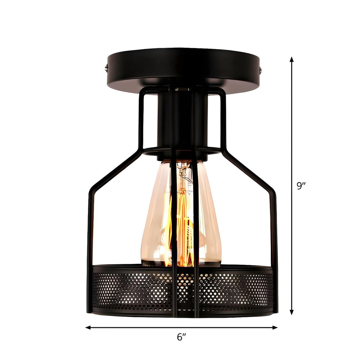 Industrial Bistro Black Iron Cage Semi-Flush Mount Lamp Image - 4